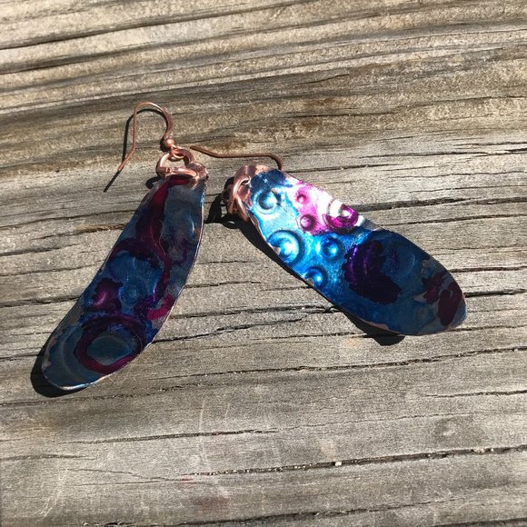 Handmade Solid Copper Earrings Blue Patina Embossed Abstract Circles Bohemian - Picture 7 of 7